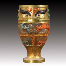 An Exquisite White Jade Gilt Painted Color Beast-Face Pattern Cup