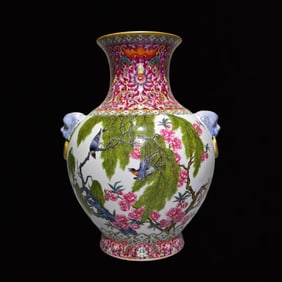 An Exquisite Famille-Rose Ruby Red-Glazed Lotus,Flower and Bird Pattern Lion-Ears Vase,With Poem