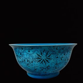 A Rare Blue Ground Blue and White Lotus Pattern Bowl