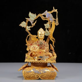 An Exquisite Gilt Inlaid Gems Buddha Statue