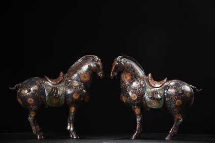 A Pair of Rare Cloisonne Lotus Pattern Horse Ornaments