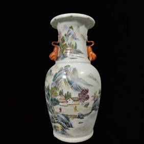 An Exquisite Famille-Rose Landscape and Figure Pattern Beast-Ears Vase ,With Poem