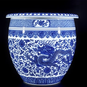 A Rare Blue and White Lotus and Dragon Pattern Vat
