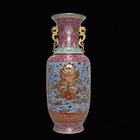 A Huge Yangcai Red Ground Iron-Red Glazed Painted Gold Hollow Seawater,Auspicious Cloud and Dragon