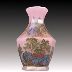 A Precious Glass Famille-Rose Ruby Red-Glazed Landscape Pattern Vase,With Poem