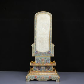 A Huge Cloisonne Inlaid White Jade Sakyamuni Statue Pattern Table Screen,with an Imperial Poem by