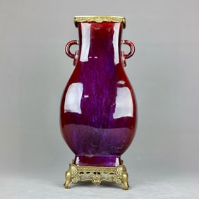 An Exquisite Flambe Glazed Inlaid Bronze Double-Ears Vase