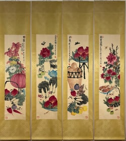 A Chinese Vertical Scroll Ink Painting of Flower and Fruit on Paper,Qi Baishi