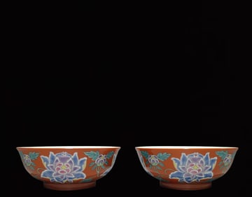 A Pair of Exquisite Enamel Coral Red Glazed Flower Pattern Bowls