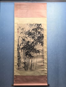 A Chinese Vertical Scroll Ink Painting of Bamboo on Paper,Zheng Banqiao