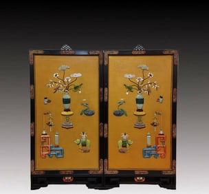 A Pair of Huge Zitanwood Flower Pattern Hanging Panels, Inlaid Gems