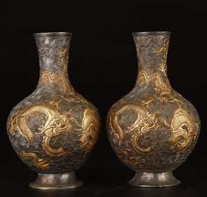 A Pair of Exquisite Gilt Bronze Auspicious Cloud and Dragon Pattern Vases