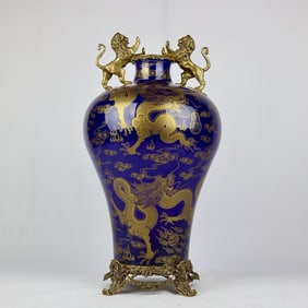 An Exquisite Blue Glazed Painted Gold Auspicious Cloud and Dragon Pattern Inlaid Bronze Beast Ears