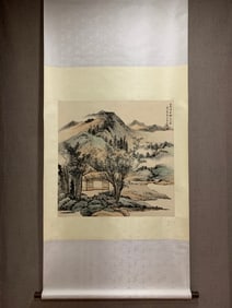 A Chinese Vertical Scroll Ink Painting of Landscape on Paper,Qi Gong