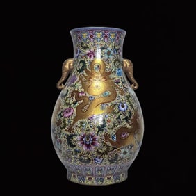A Huge Famille-Rose Yellow Ground Iron-Red Glazed Painted Gold Flower and Dragon Pattern
