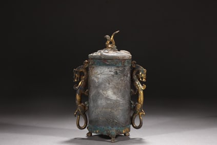 An Exquisite Bronze Inlaid Jasper Beast ears Tripod Censer