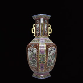 A Huge Enamel Yellow Ground Painted Gold Lotus,Flower and Bird Pattern Vase
