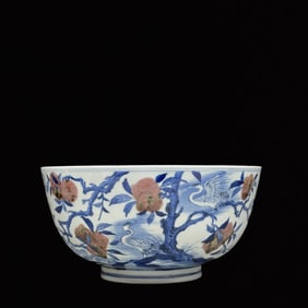 An Exquisite Blue and White Underglaze-Red Crane Pattern Bowl