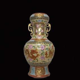 A Huge Enamel Yellow Ground Iron-Red Glazed Painted Gold Flower,Dragon and Phoenix Pattern