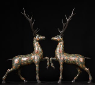 A Pair of Huge Cloisonne Lotus Pattern Deer Ornaments