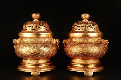 A Pair of Exquisite Gilt Bronze Flower and Dragon Pattern Beast-Ears Censers,With Base
