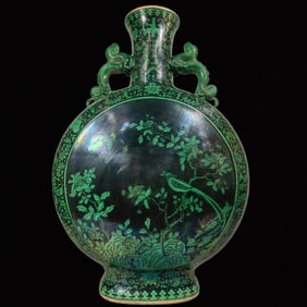 A Huge Green Glazed Black Ground Flower and Bird Pattern Dragon-Ears Vase