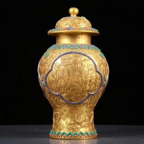 A Rare Gilt Bronze Inlaid Gems Character and Story Pattern Vase with Cover