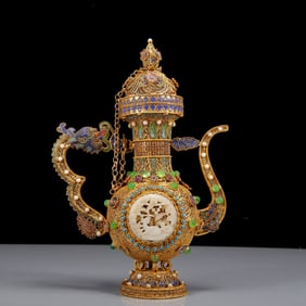 A Rare Gilt Inlaid White Jade Sika Deer Pattern Dragon-Handle Ewer,Inlaid Gems