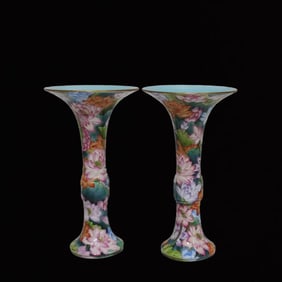 A Pair of Exquisite Enamel Lotus Pattern Vases