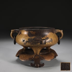 An Exquisite Bronze Flower and Fruit Pattern Double-Ears Censer,With Base