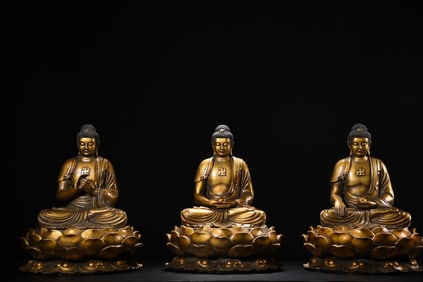 A Set of Solemn Gilt Bronze Statue of Sakyamunis,With Base