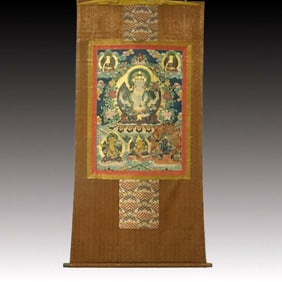 A Rare Brocade Painted Color Four-arms Statue of Avalokitesvara Tangka