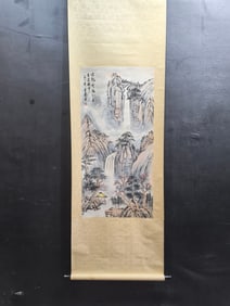 A Chinese Vertical Scroll Ink Painting of Landscape and Figure on Paper,Dong Shouping