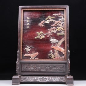 A Precious Zitanwood Gilt-Lacquered Gem-Inlaid 'Pine& Crane' Table Screen