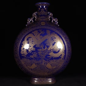 A Huge Ji Blue Glazed Painted Gold Dragon Pattern Double-Ears Vase