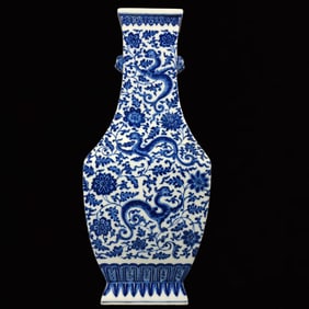 A Huge Blue and White Lotus and Dragon Pattern Beast-Ears Vase