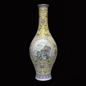 A Rare Enamel Lotus,Landscape and Figure Pattern Vase