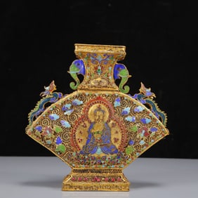 An Exquisite Gilt Inlaid Gems Buddha Statue Pattern Elephant-Ears Vase