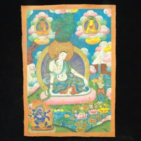 A Rare Brocade Painted Color Buddha Statue Tangka