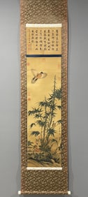 A Chinese Vertical Scroll Ink Painting of Flower and Bird on Silk,Li Di