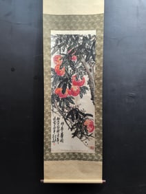 A Chinese Vertical Scroll Ink Painting of Peach on Paper,Wu Changshuo