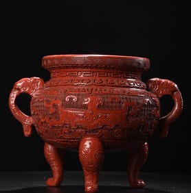 An Exquisite Carved Red Lacquer Beast-Face Pattern Beast ears Tripod Censer