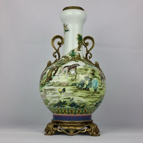 An Exquisite Famille-Rose Chinese Zodiac Pattern Inlaid Bronze Flower Double-Ears Vase