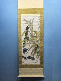 A Chinese Vertical Scroll Ink Painting of Mice on Paper,Qi Baishi