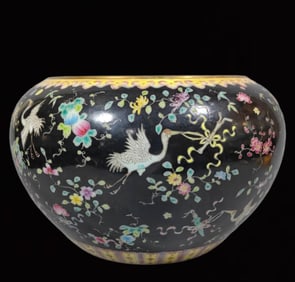 A Rare Famille-Rose Black Ground Eight Treasures,Flower and Crane Pattern Washer