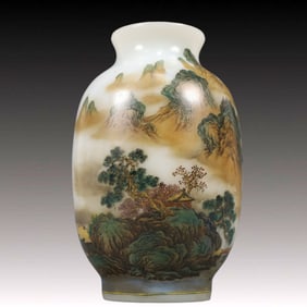 A Precious Glass Famille-Rose Landscape Pattern Vase,With Poem