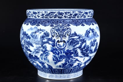 A Rare Blue and White Landscape and Figure Pattern Double-Ears Vat