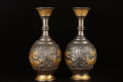 A Pair of Exquisite Gilt Bronze Dragon and Phoenix Pattern Vases