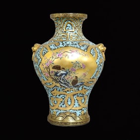 An Exquisite Green Glazed Flower and Bird Pattern Painted Gold Beast-Ears Vase