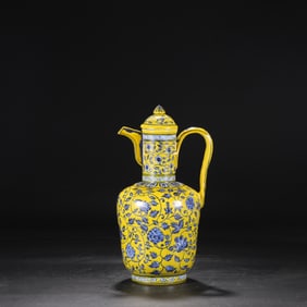 A Rare Yellow Ground Blue and White Lotus Pattern Ewer